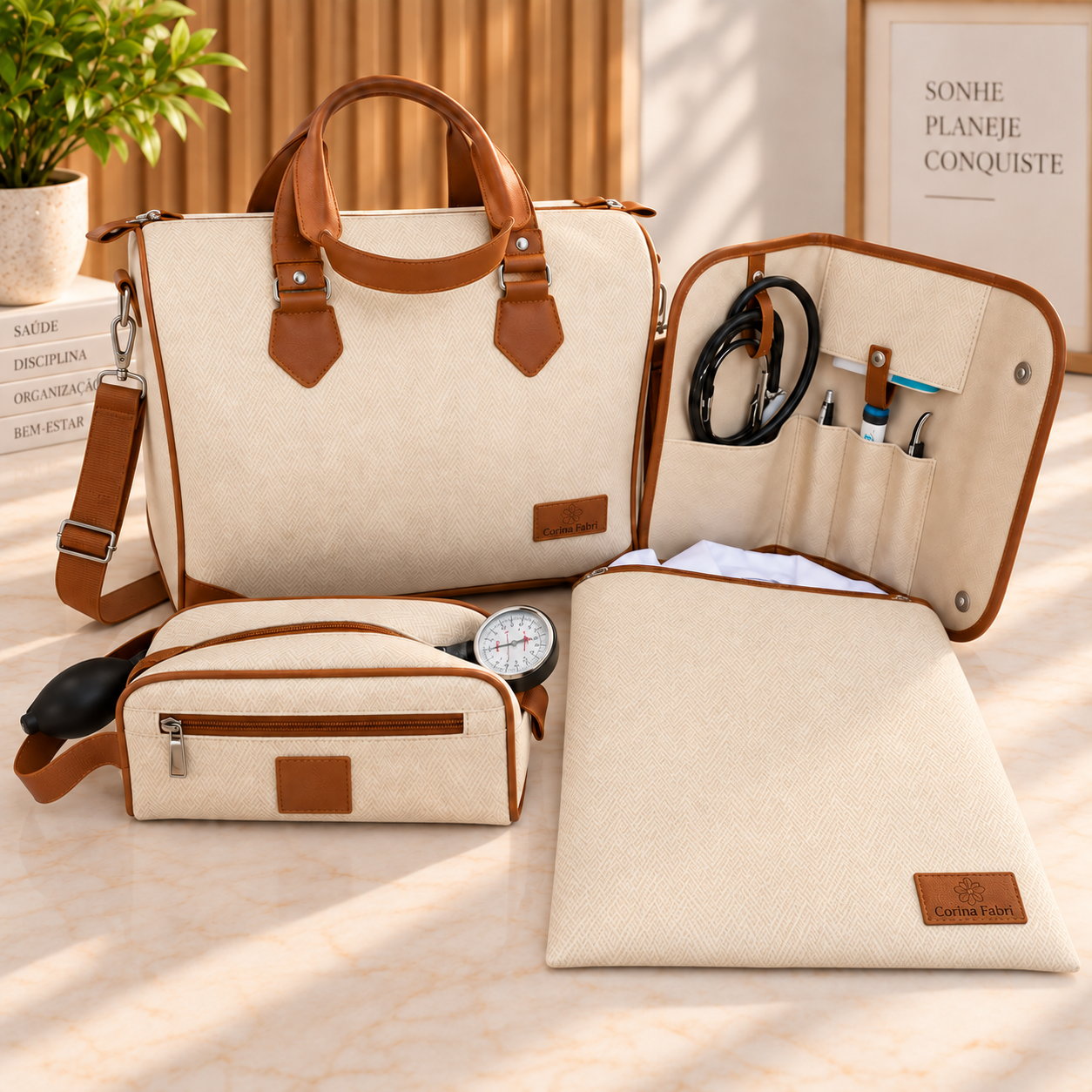 Kit Organizador Médico em Vinil Versalhes Marfim