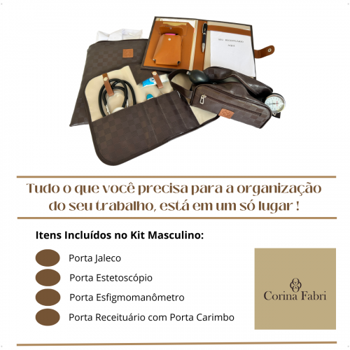 Kit Organizador M�dico Masculino em Vinil Xadrez Marrom BR
