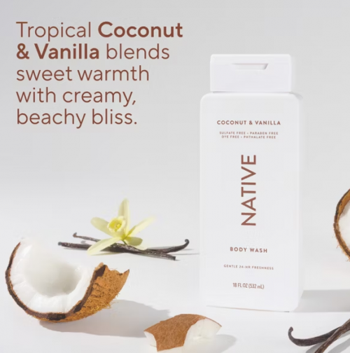 NATIVE- SULFATE FREE BODY WASH- COCONUT & VANILLA 18OZ