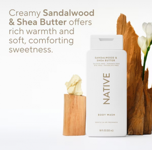 NATIVE- BODY WASH - SANDALWOOD & SHEA BUTTER 18OZ