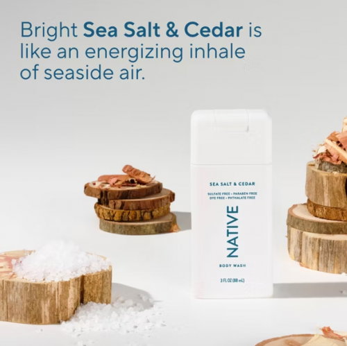 NATIVE- BODY WASH, SULFATE FREE, SEA SALT & CEDAR- TRAVEL SIZE