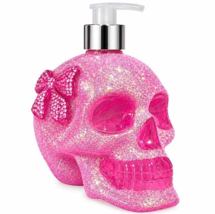 PINK GLITTER SKULL WITH BOW HAND SOAP DISPENSER