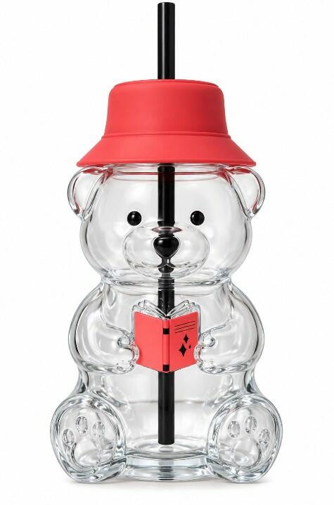 CUTE TEDDY BEAR GLASS TUMBLER WITH STRAW