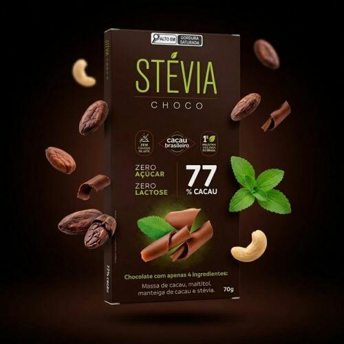 CHOCOLATE 77% CACAU STEVIACHOCO 70g - a partir de R$32,81