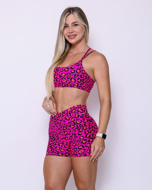 Conjunto Short Básico Cós Cruzado Light Onça Pantanal Rosa + Top Lu