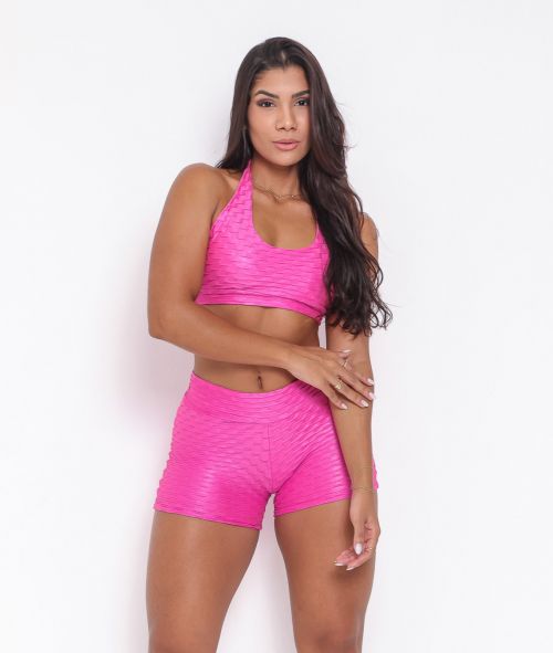 Conjunto Short Básico Curtinho Textura Gloss Rosa + Top Jhully