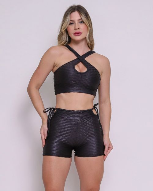 Conjunto Short Empina Ajuste Textura Gloss Preto + Top Cruzado