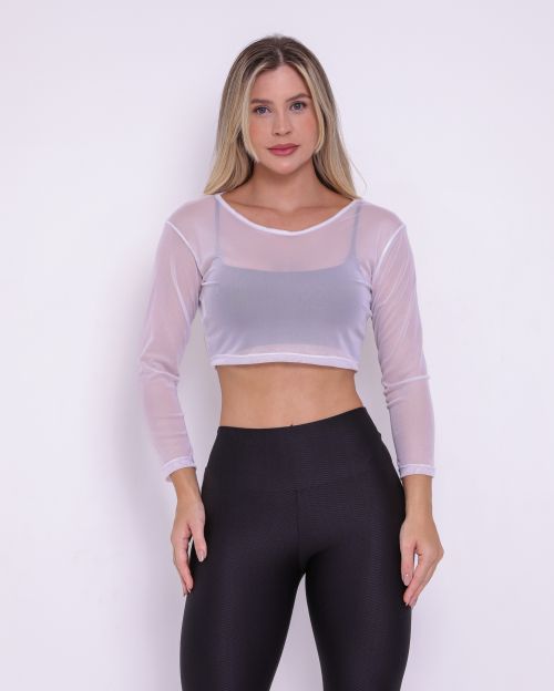 Cropped Manga Longa Tule Branco