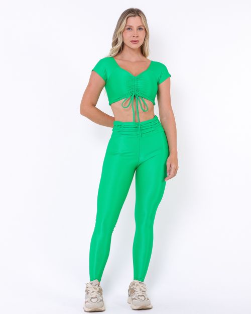 Conjunto Calça Básica Cós Franzido Compressão + Top Manguinha