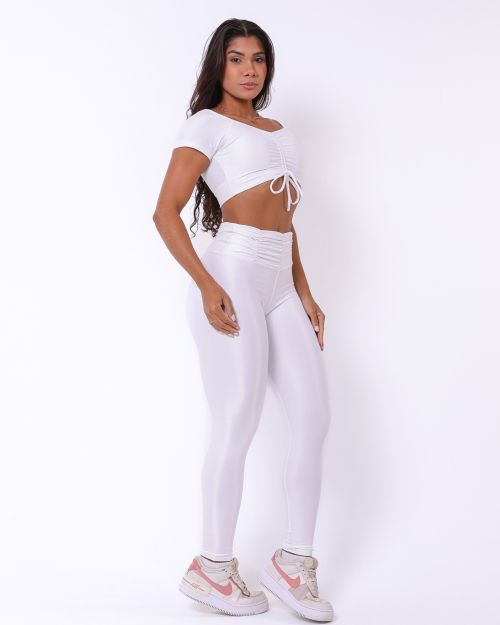 Conjunto Calça Básica Cós Franzido Compressão + Top Manguinha