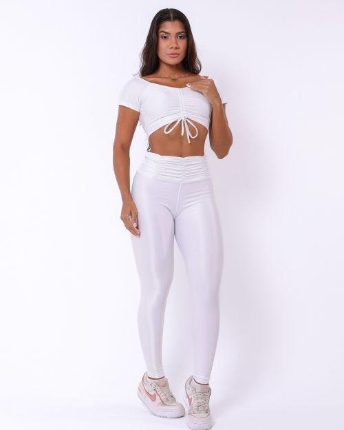 Conjunto Calça Básica Cós Franzido Compressão + Top Manguinha