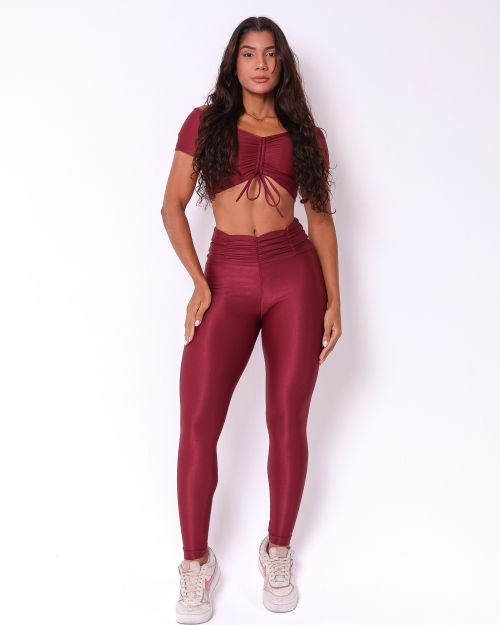 Conjunto Calça Básica Cós Franzido Compressão + Top Manguinha