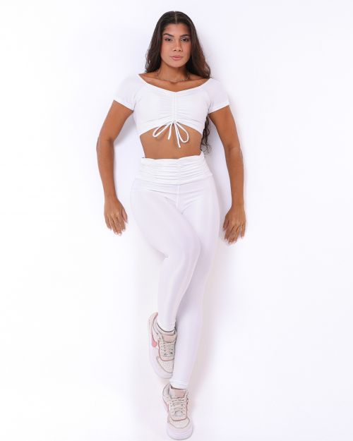 Conjunto Calça Básica Cós Franzido Compressão + Top Manguinha