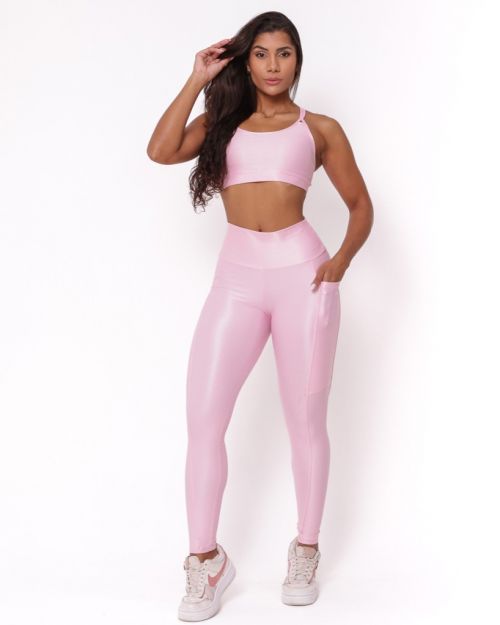 Conjunto Cal�a Legging B�sica Bolso Compress�o + Top Lu