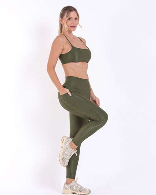 Conjunto Calça Legging Básica Bolso Compressão + Top Ju