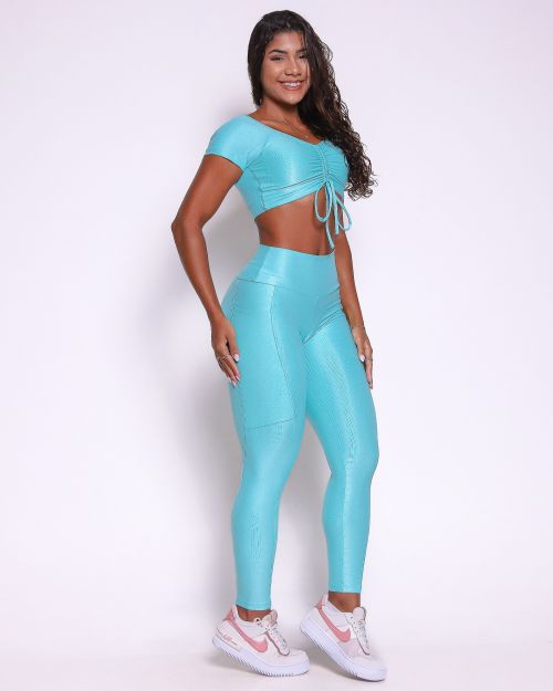 Conjunto Calça Legging Básica Bolso Compressão + Top Manguinha