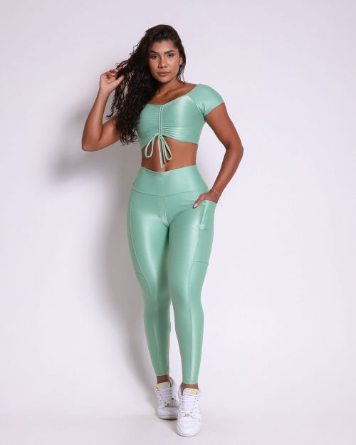 Conjunto Calça Legging Básica Bolso Compressão + Top Manguinha