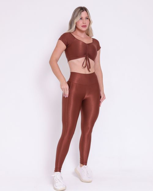 Conjunto Calça Legging Básica Bolso Compressão + Top Manguinha