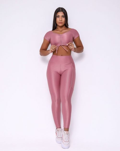 Conjunto Calça Legging Básica Bolso Compressão + Top Manguinha