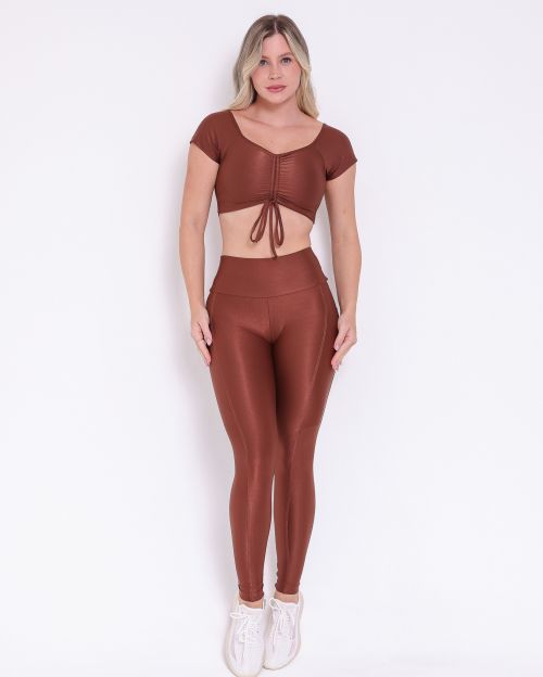 Conjunto Calça Legging Básica Bolso Compressão + Top Manguinha