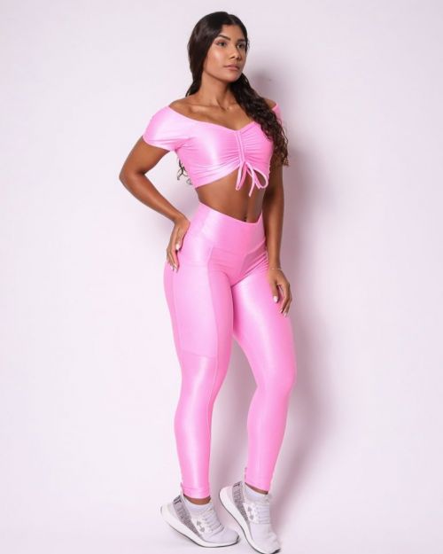 Conjunto Calça Legging Básica Bolso Compressão + Top Manguinha