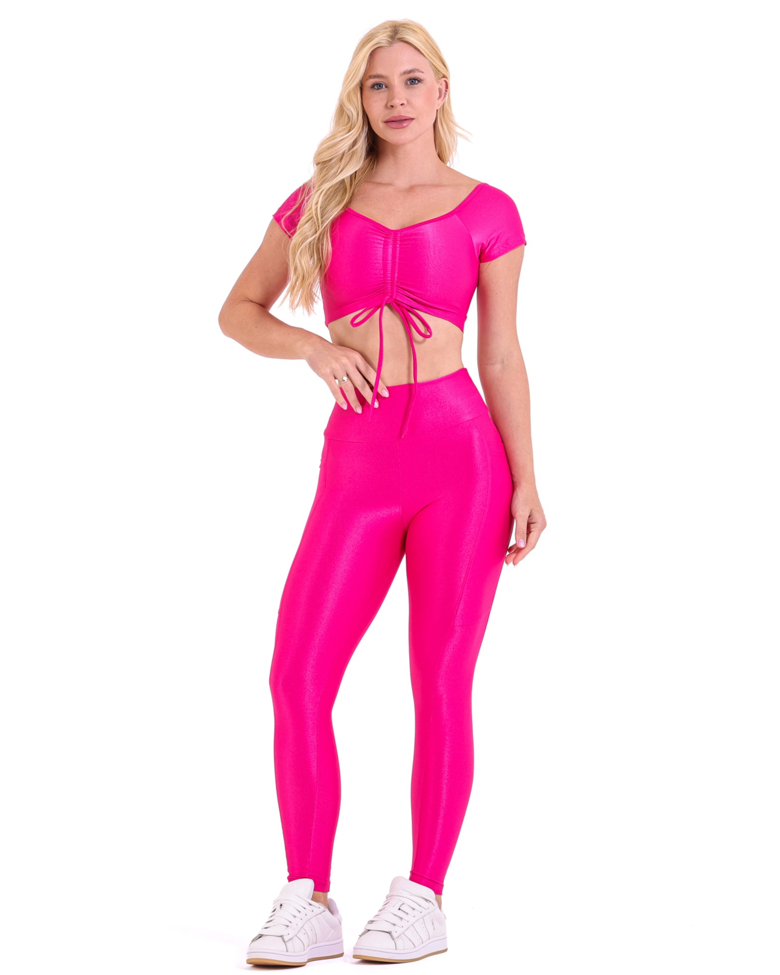 Conjunto Calça Legging Básica Bolso Compressão + Top Manguinha