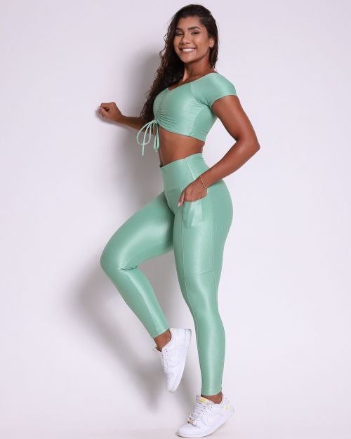Conjunto Calça Legging Básica Bolso Compressão + Top Manguinha