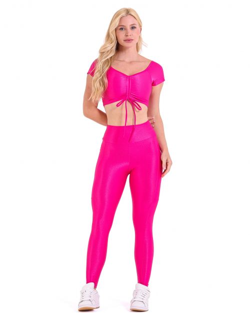 Conjunto Calça Legging Básica Bolso Compressão + Top Manguinha