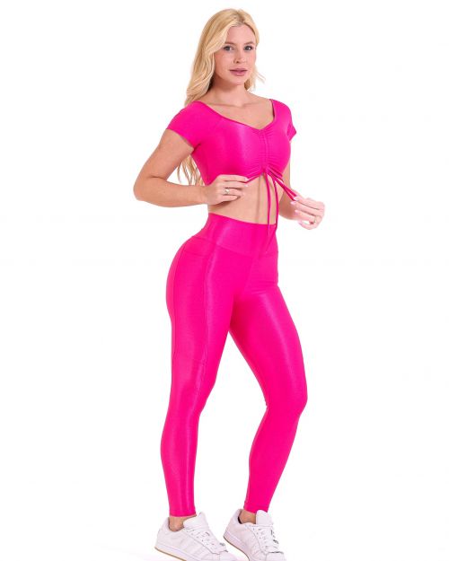 Conjunto Calça Legging Básica Bolso Compressão + Top Manguinha