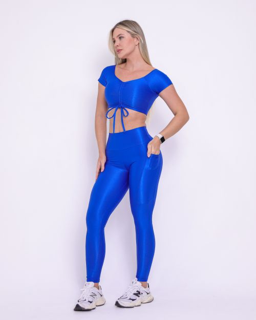Conjunto Calça Legging Básica Bolso Compressão + Top Manguinha