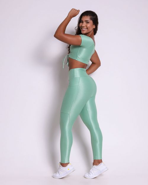 Conjunto Calça Legging Básica Bolso Compressão + Top Manguinha