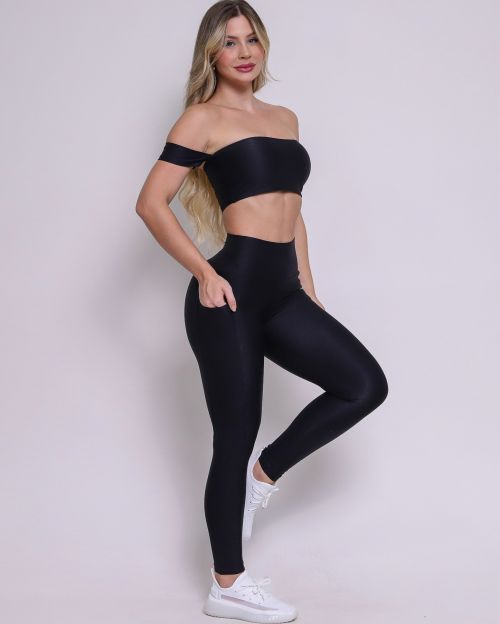 Conjunto Calça Legging Básica Bolso Compressão + Top Ciganinha