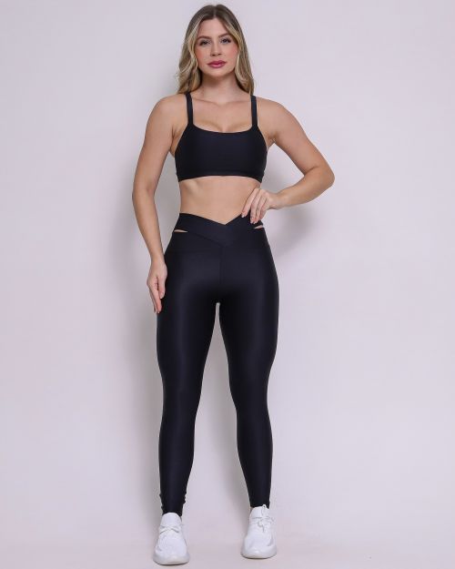 Conjunto Calça Legging Básica Cós Cruzado Compressão + Top Tai