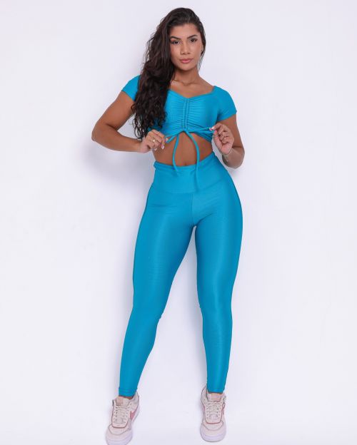 Conjunto Calça Legging Empina Vivo Cós Reto Compressão + Top Manguinha