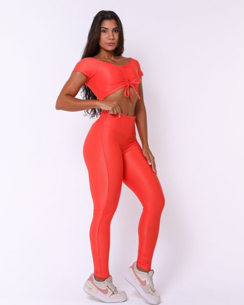 Conjunto Calça Legging Empina Vivo Cós Reto Compressão + Top Manguinha