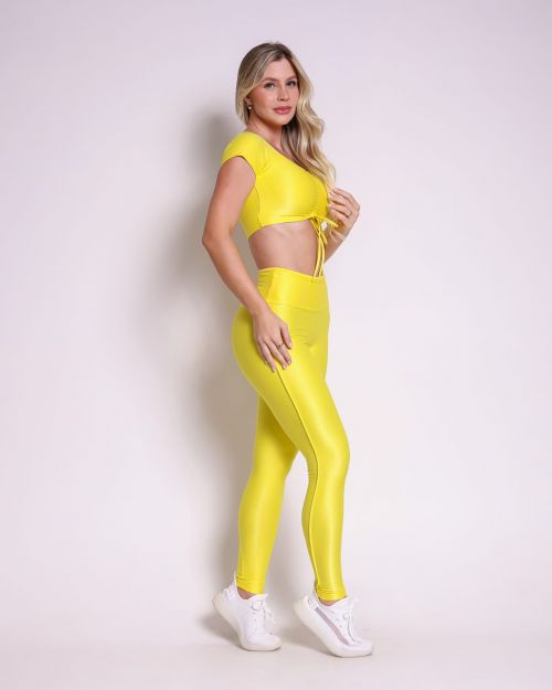 Conjunto Calça Legging Empina Vivo Cós Reto Compressão + Top Manguinha