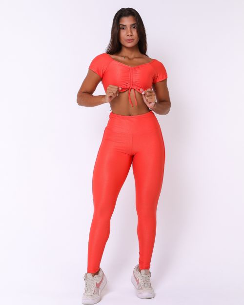 Conjunto Calça Legging Empina Vivo Cós Reto Compressão + Top Manguinha