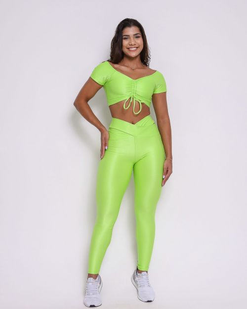 Conjunto Calça Legging Básica Cós Cruzado Compressão + Top Manguinha