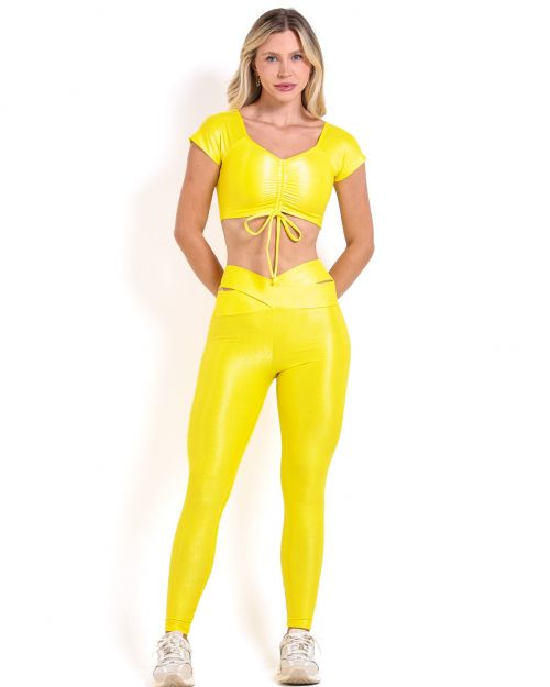Conjunto Calça Legging Básica Cós Cruzado Compressão + Top Manguinha