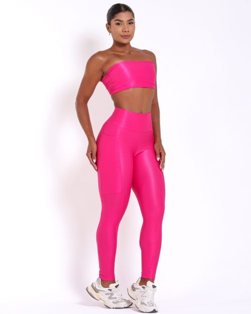 Conjunto Calça Legging Básica Bolso Compressão + Top Faixa
