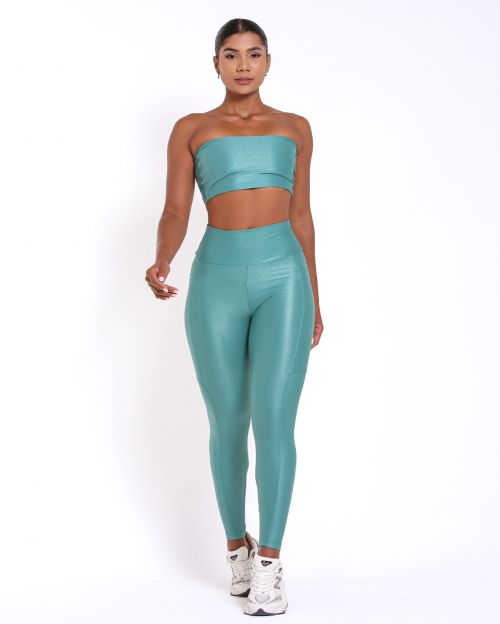 Conjunto Calça Legging Básica Bolso Compressão + Top Faixa