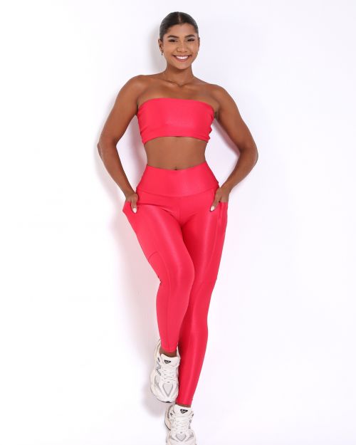 Conjunto Calça Legging Básica Bolso Compressão + Top Faixa