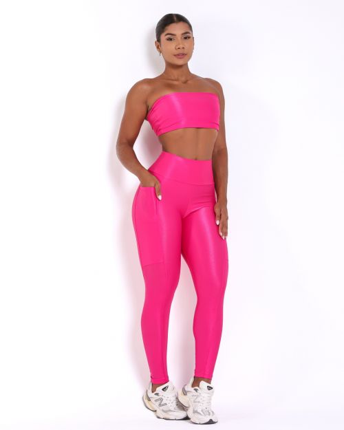 Conjunto Calça Legging Básica Bolso Compressão + Top Faixa