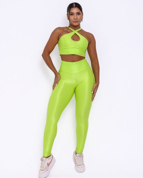 Conjunto Calça Legging Empina Vivo Cós Reto Compressão + Top Cruzado