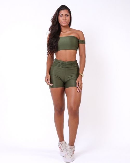 Conjunto Short Básico Cós Franzido Compressão + Top Ciganinha