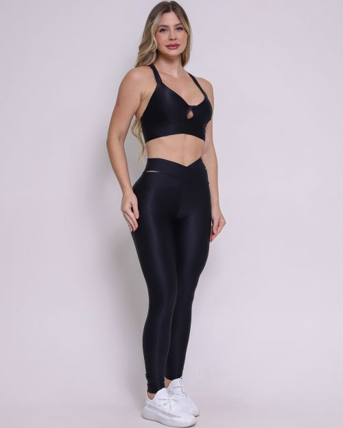 Conjunto Calça Legging Básica Cós Cruzado Compressão + Top Karol