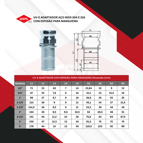 UV-E Engate R�pido Adaptador Espig�o A�o Inox 304 para Mangueira Tipo CamLock