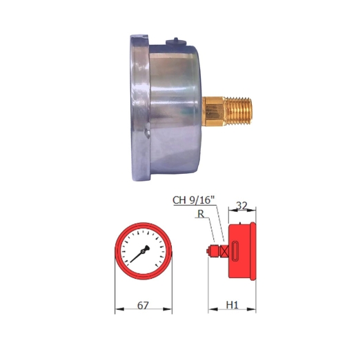 Man�metro Horizontal Visor 63mm Caixa A�o Inox Rosca Lat�o 1/4 NPT