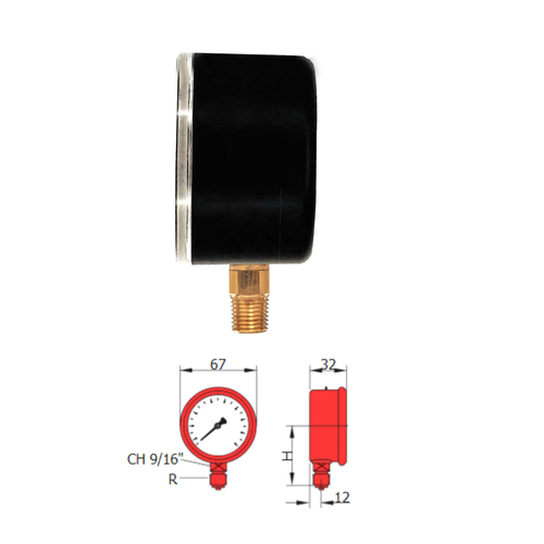 Man�metro Vertical Visor 63mm Caixa A�o Carbono Rosca Lat�o 1/4 NPT