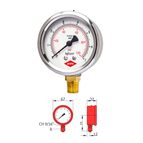 Man�metro Vertical Visor 63 mm Caixa A�o Inox Conex�o Lat�o 1/4" NPT MV63